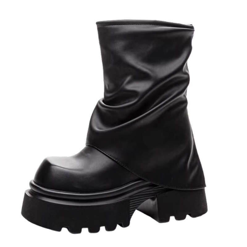Spring Autumn New British Style Retro 12 CM  Height Internal Platform Square Toe Pleated Trouser-Leg Boots Genuine Leather Women Mid-Calf  Boots 60125