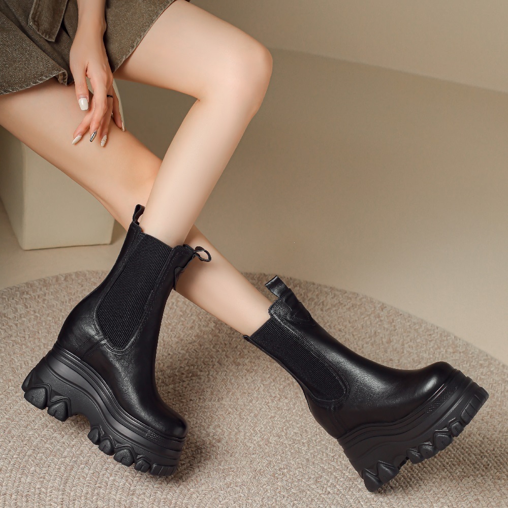 Spring Autumn New British Style Slim 12 CM Height Internal Platform Winter Short Plush Genuine Leather Slip On Women High Top Short Chelsea Boots 60125