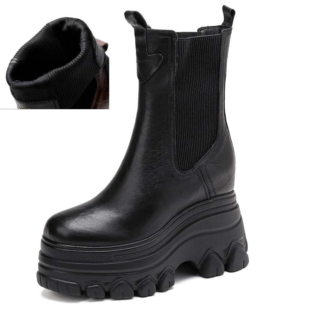 Spring Autumn New British Style Slim 12 CM Height Internal Platform Winter Short Plush Genuine Leather Slip On Women High Top Short Chelsea Boots 60125