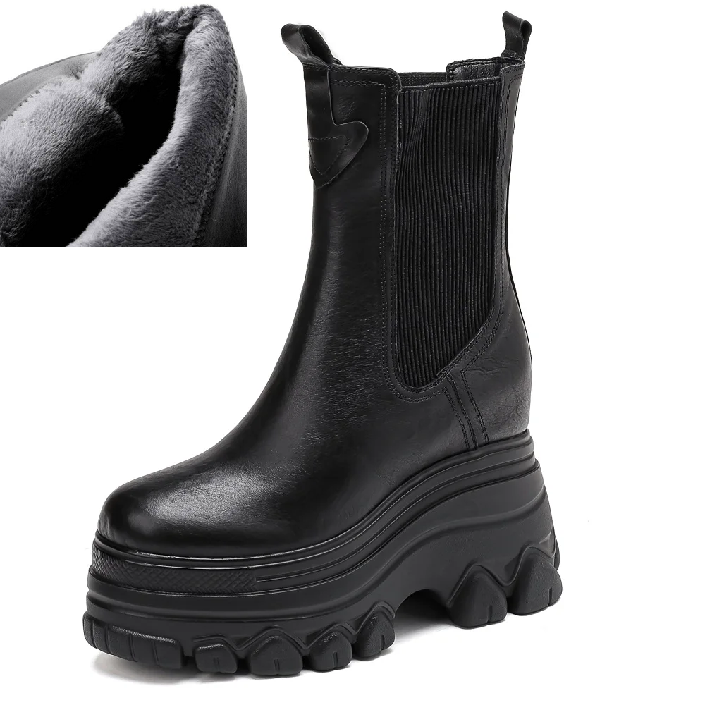 Spring Autumn New British Style Slim 12 CM Height Internal Platform Winter Short Plush Genuine Leather Slip On Women High Top Short Chelsea Boots 60125