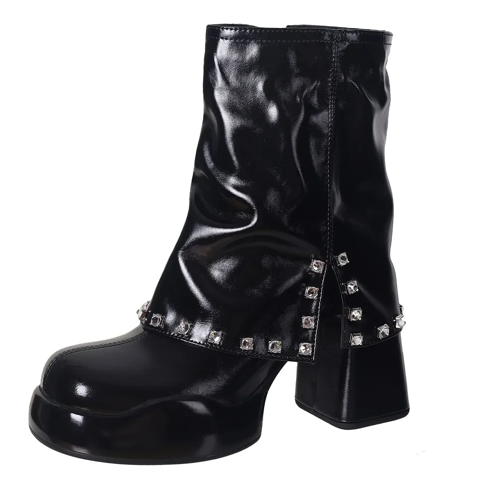 Spring Autumn Winter New Sexy Super 9.5 CM High Heels Platform Crystals Zipper Genuine Leather Women High Top Short Trouser-Leg Boots 60125