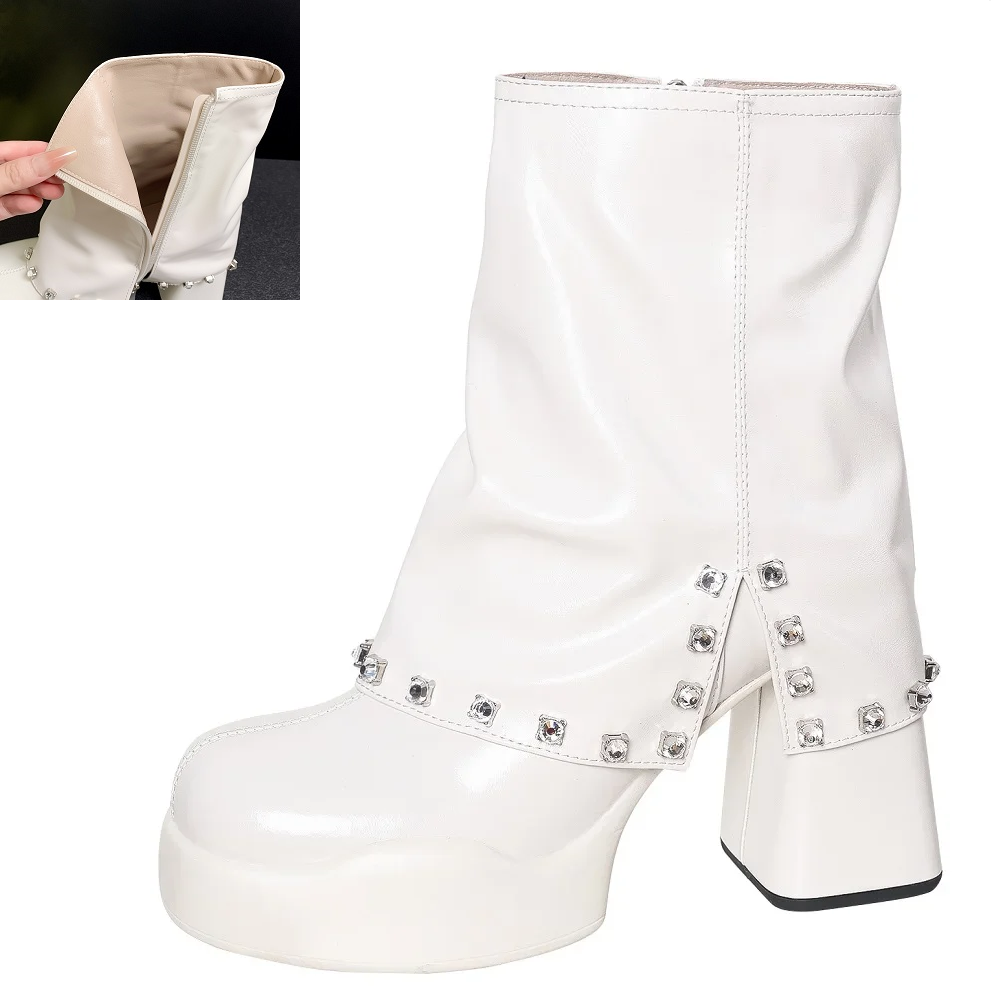 Spring Autumn Winter New Sexy Super 9.5 CM High Heels Platform Crystals Zipper Genuine Leather Women High Top Short Trouser-Leg Boots 60125