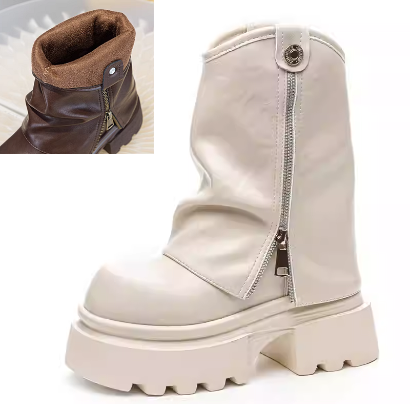 Spring Autumn New Punk Style Slim 13 CM Block Heel Height Increasing Platform Pleated Genuine Leather Winter Short Plush Zipper Women High Top Trouser-Leg Boots 60125