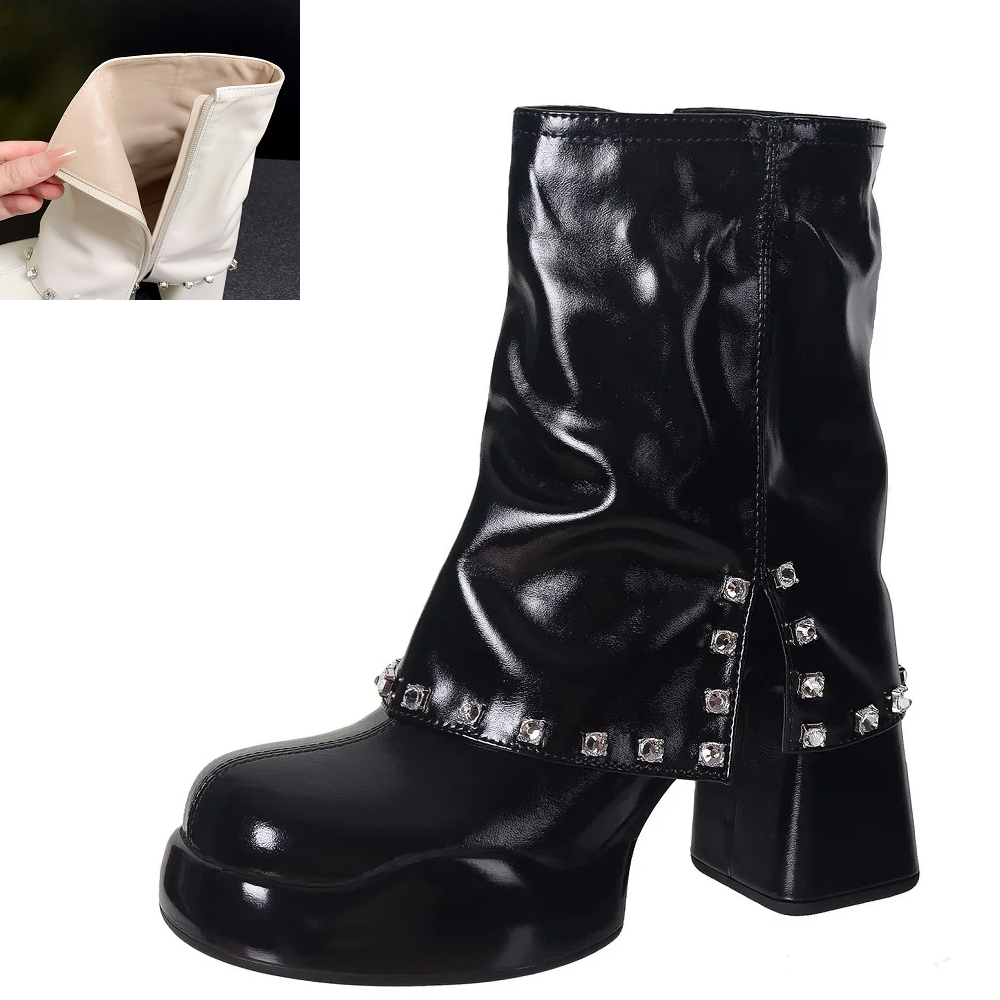 Spring Autumn Winter New Sexy Super 9.5 CM High Heels Platform Crystals Zipper Genuine Leather Women High Top Short Trouser-Leg Boots 60125