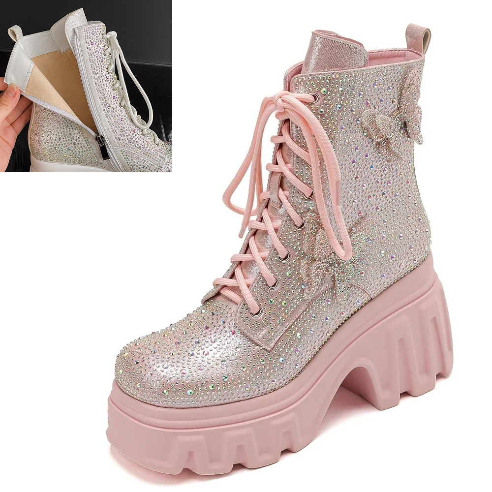 Spring Autumn New Super High Heels Platform Square Toe Winter Short Plush Bowknot Crystals Genuine Leather Women Ankle Short Modern Boots 60125
