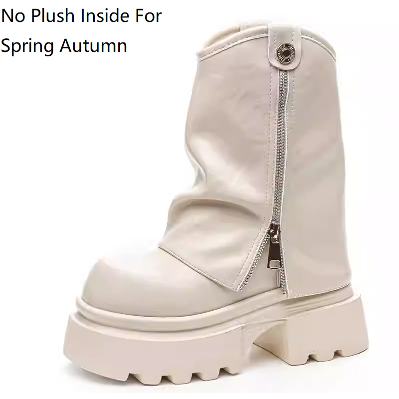 Spring Autumn New Punk Style Slim 13 CM Block Heel Height Increasing Platform Pleated Genuine Leather Winter Short Plush Zipper Women High Top Trouser-Leg Boots 60125