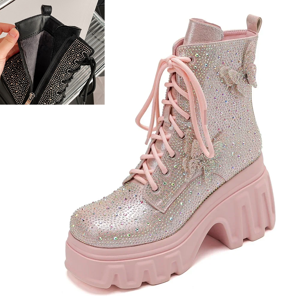 Spring Autumn New Super High Heels Platform Square Toe Winter Short Plush Bowknot Crystals Genuine Leather Women Ankle Short Modern Boots 60125