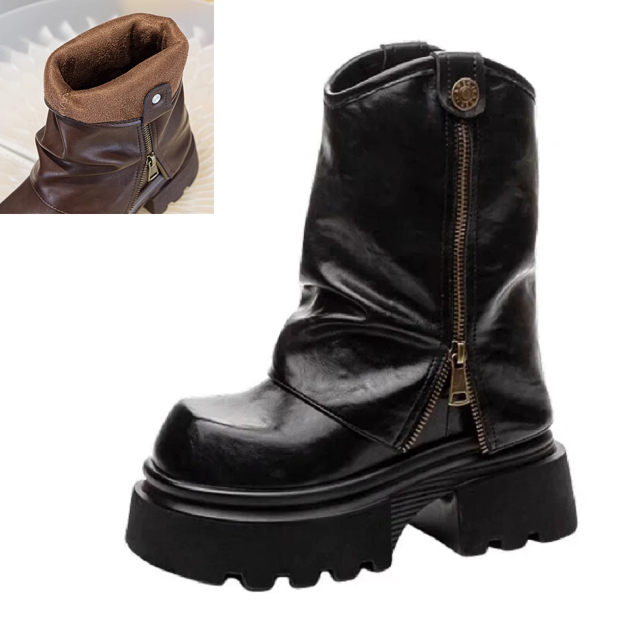 Spring Autumn New Punk Style Slim 13 CM Block Heel Height Increasing Platform Pleated Genuine Leather Winter Short Plush Zipper Women High Top Trouser-Leg Boots 60125