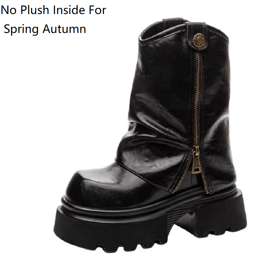 Spring Autumn New Punk Style Slim 13 CM Block Heel Height Increasing Platform Pleated Genuine Leather Winter Short Plush Zipper Women High Top Trouser-Leg Boots 60125