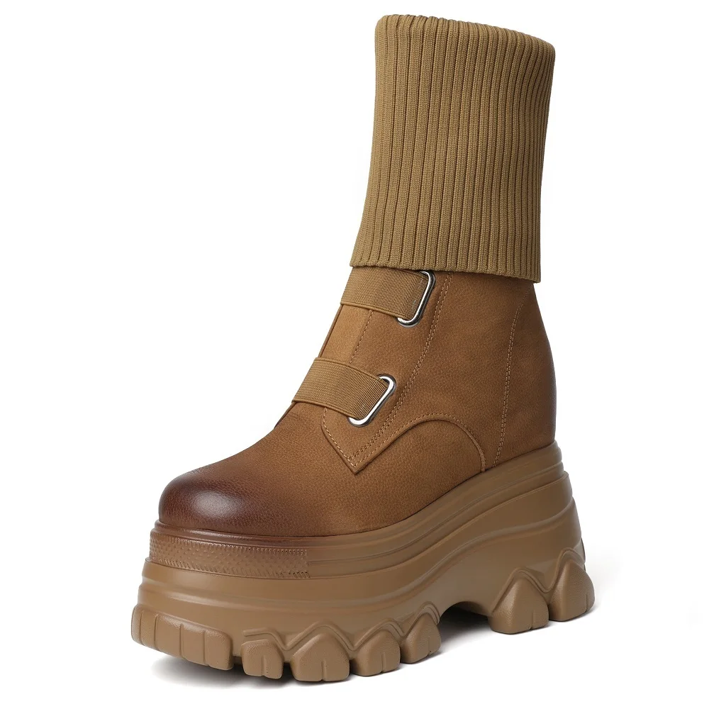 Spring Autumn New Slim 12 CM High Heels Height Increasing Platform Slip On Winter Plush Inside Knitting Genuine Leather Women Mid-Calf Modern Boots 60125