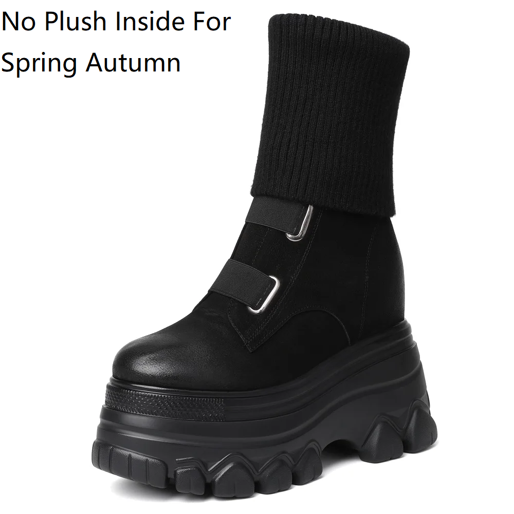 Spring Autumn New Slim 12 CM High Heels Height Increasing Platform Slip On Winter Plush Inside Knitting Genuine Leather Women Mid-Calf Modern Boots 60125
