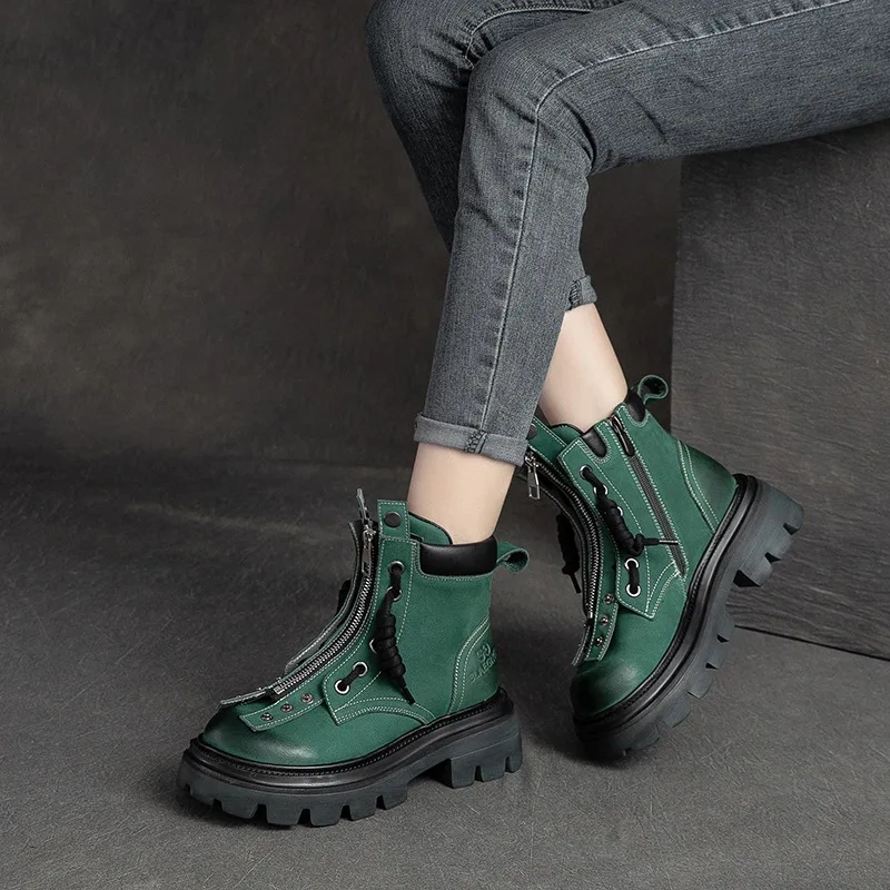 Spring Autumn New Retro Chunky Bottom Platform Rivet Cross-tied Zipper Genuine Leather Women Ankle High Top Motorcycle Boots