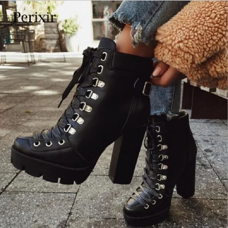 Spring Autumn New Sexy Slim Thick High Heels Platform Cross-tied Buckle Belt Plus Size 40-43 Women Ankle Short Modern Boots 60127