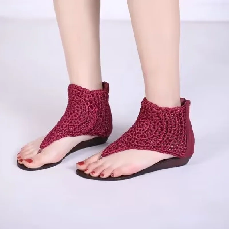 Summer New Korean Fashion Style Wedges Flip Flops Cut Out Genuine Leather Knitting Women High Top Gladiator Sandals 50105