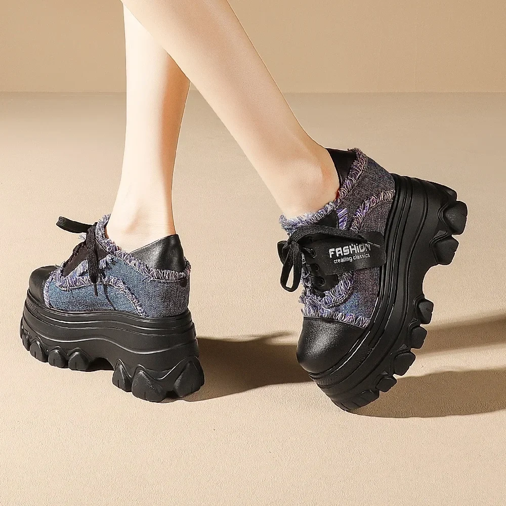 Spring Autumn Sexy Super High Heels Wedges Platform Cross-tied Tassel Genuine Leather Patchwork Denim Women Modern Pumps 2307
