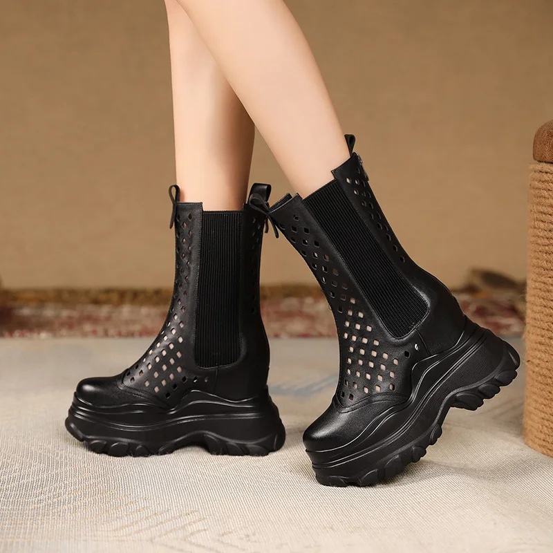 Summer New British Style Slim 12 CM Height Increasing Platform Wedges Cut Out Genuine Leather Zipper Women Mid-Calf Boots 60126
