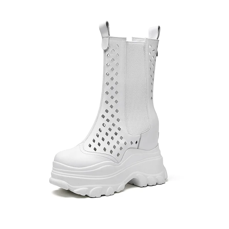 Summer New British Style Slim 12 CM Height Increasing Platform Wedges Cut Out Genuine Leather Zipper Women Mid-Calf Boots 60126