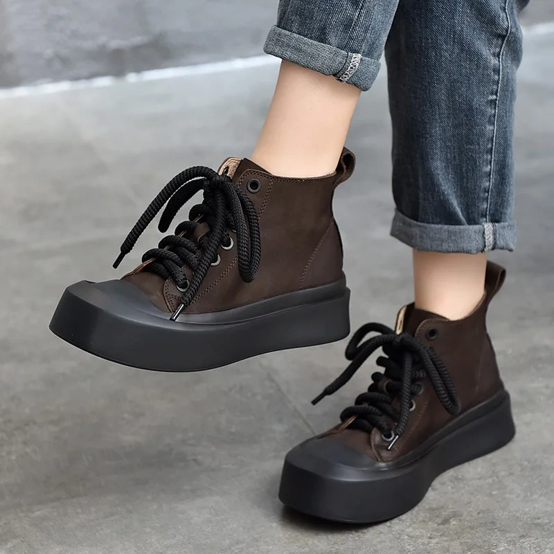 Spring Autumn Retro Chunky Bottom Platform Cross-tied Genuine Leather Women Ankle Short Motorcycle Boots Sneakers Winter Plush