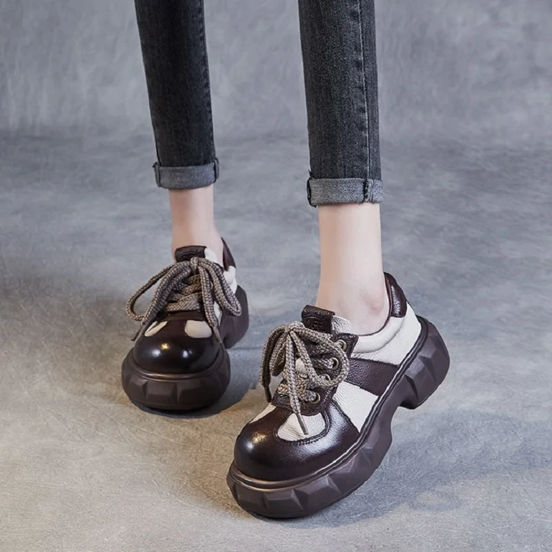 Spring Autumn New Leisure Chunky Bottom Platform Mixed Colors Lace-Up Genuine Leather Women Board Shoes Ladies Sneakers 2401