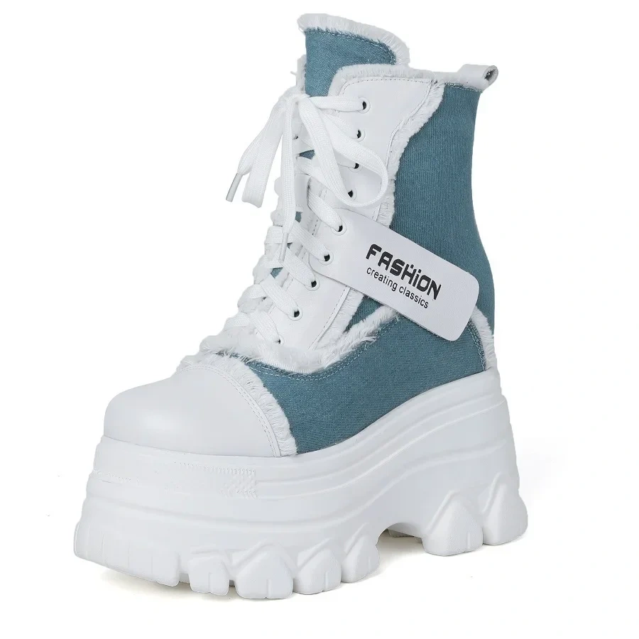 Spring Autumn New Slim Height Increasing Platform Fringe Cross-tied Denim Women Ankle Short Chunky Modern Boots Winter Plush