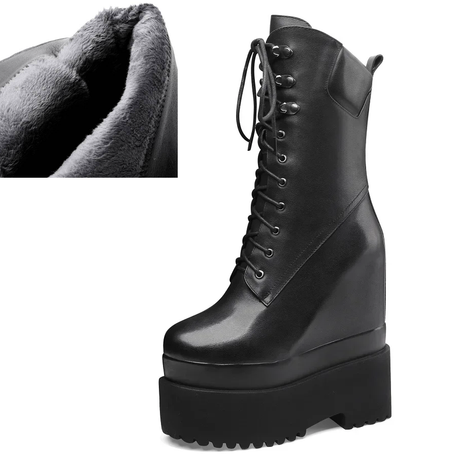 Spring Autumn New British Style Slim 16 CM Height Increasing Platform Winter Plush Zipper Cross-tied Genuine Leather Women Mid-Calf Modern Boots 60126
