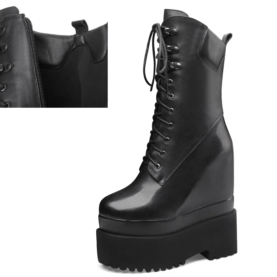Spring Autumn New British Style Slim 16 CM Height Increasing Platform Winter Plush Zipper Cross-tied Genuine Leather Women Mid-Calf Modern Boots 60126