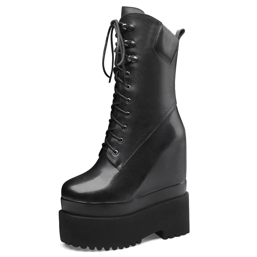 Spring Autumn New British Style Slim 16 CM Height Increasing Platform Winter Plush Zipper Cross-tied Genuine Leather Women Mid-Calf Modern Boots 60126