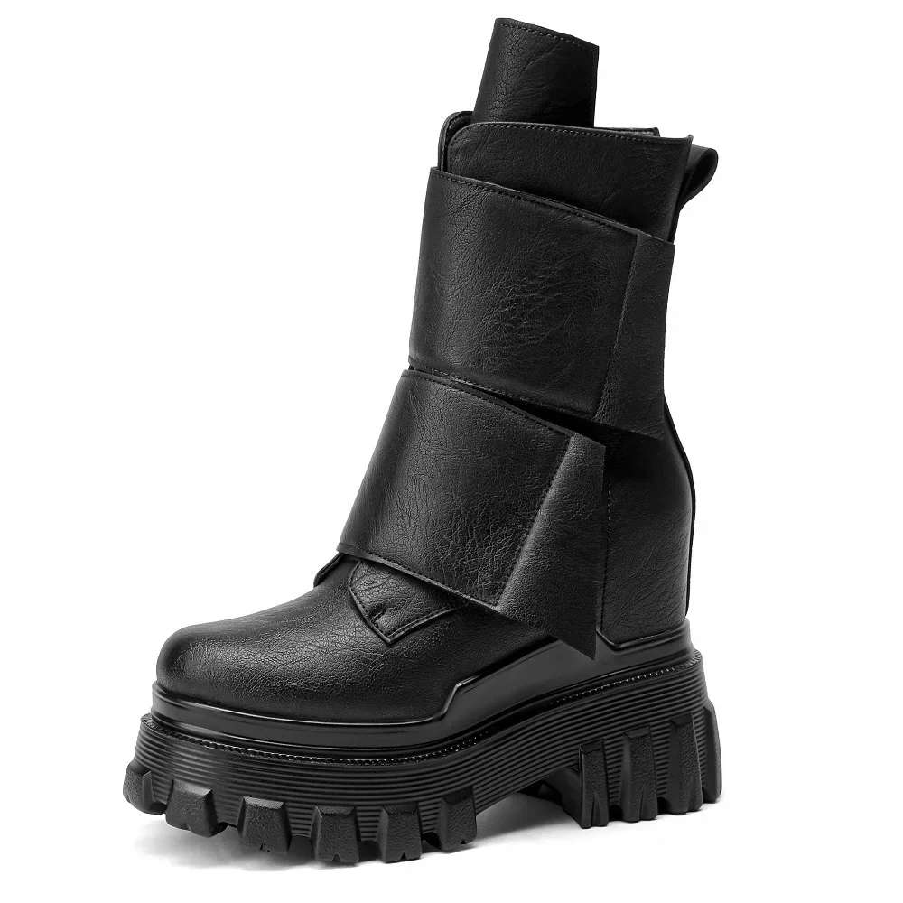 Spring Autumn New Retro Slim 12 CM Height Increasing Platform Block Heel Genuine Leather Hook Loop Women Mid-Calf Modern Boots Winter Plush 60126