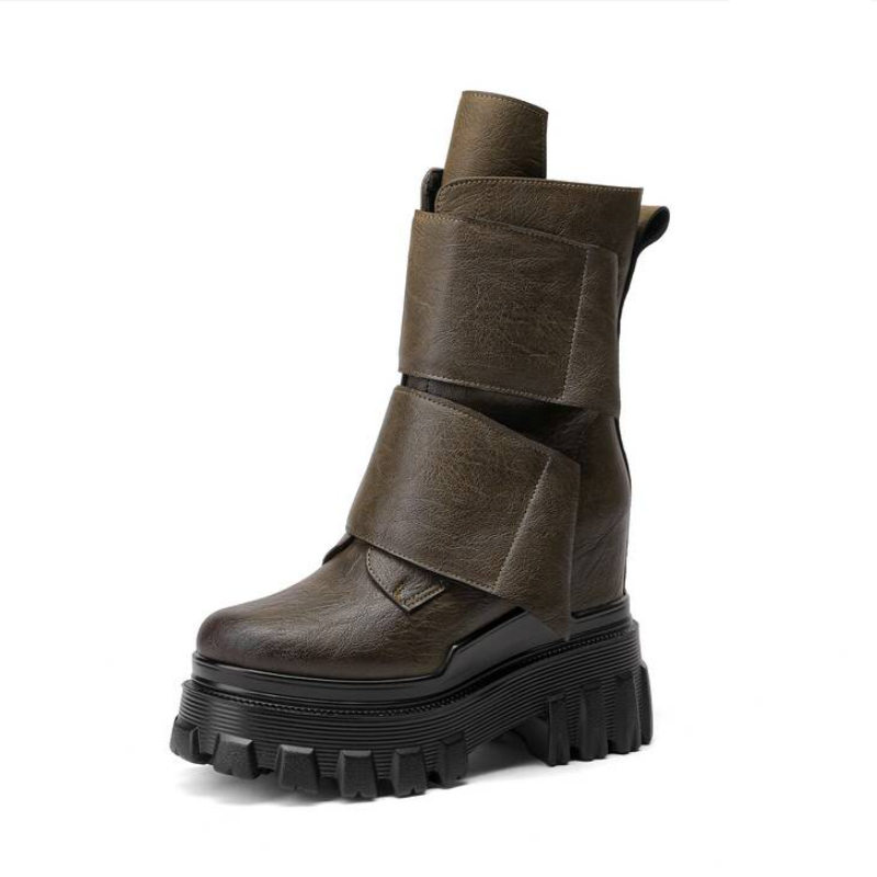 Spring Autumn New Retro Slim 12 CM Height Increasing Platform Block Heel Genuine Leather Hook Loop Women Mid-Calf Modern Boots Winter Plush 60126