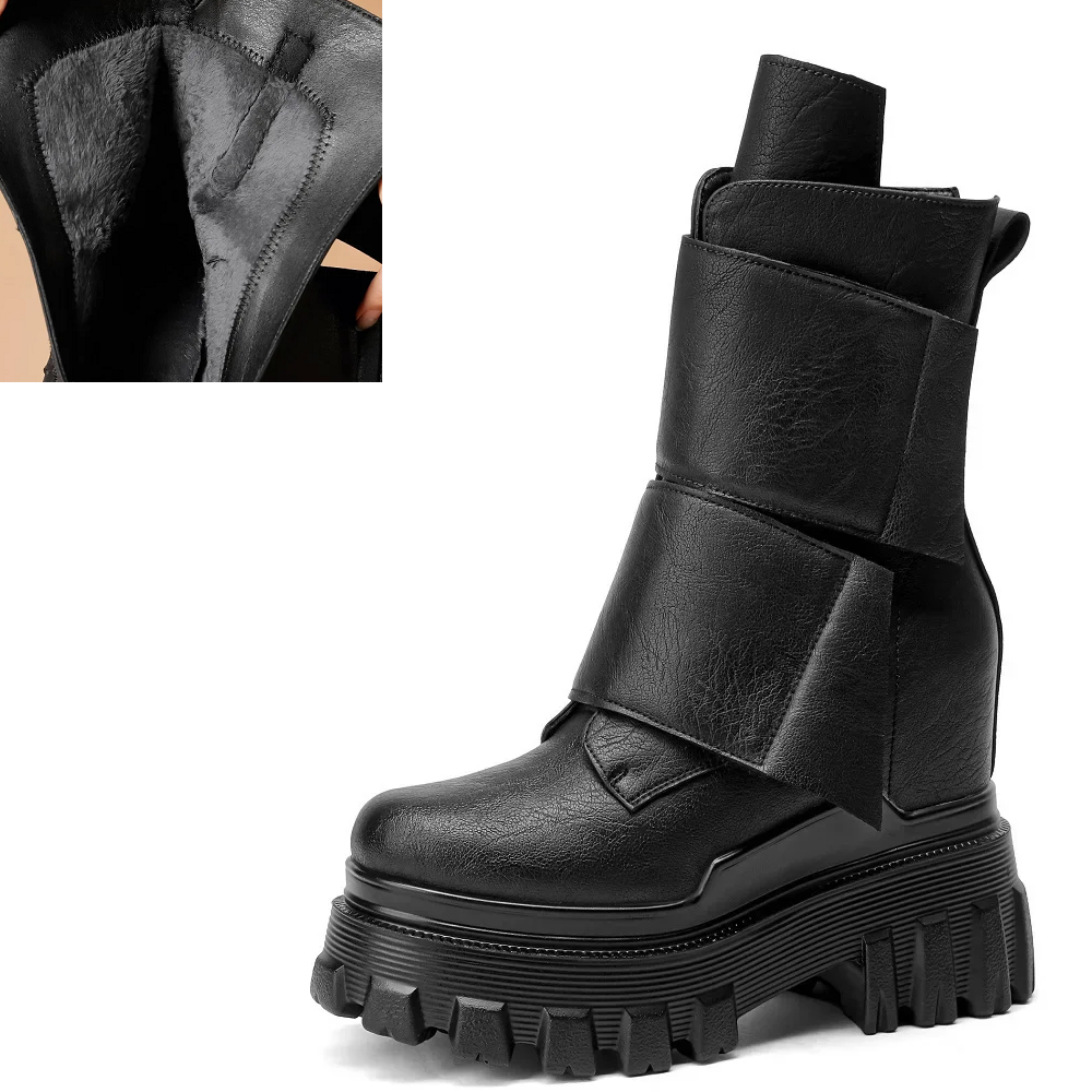 Spring Autumn New Retro Slim 12 CM Height Increasing Platform Block Heel Genuine Leather Hook Loop Women Mid-Calf Modern Boots Winter Plush 60126