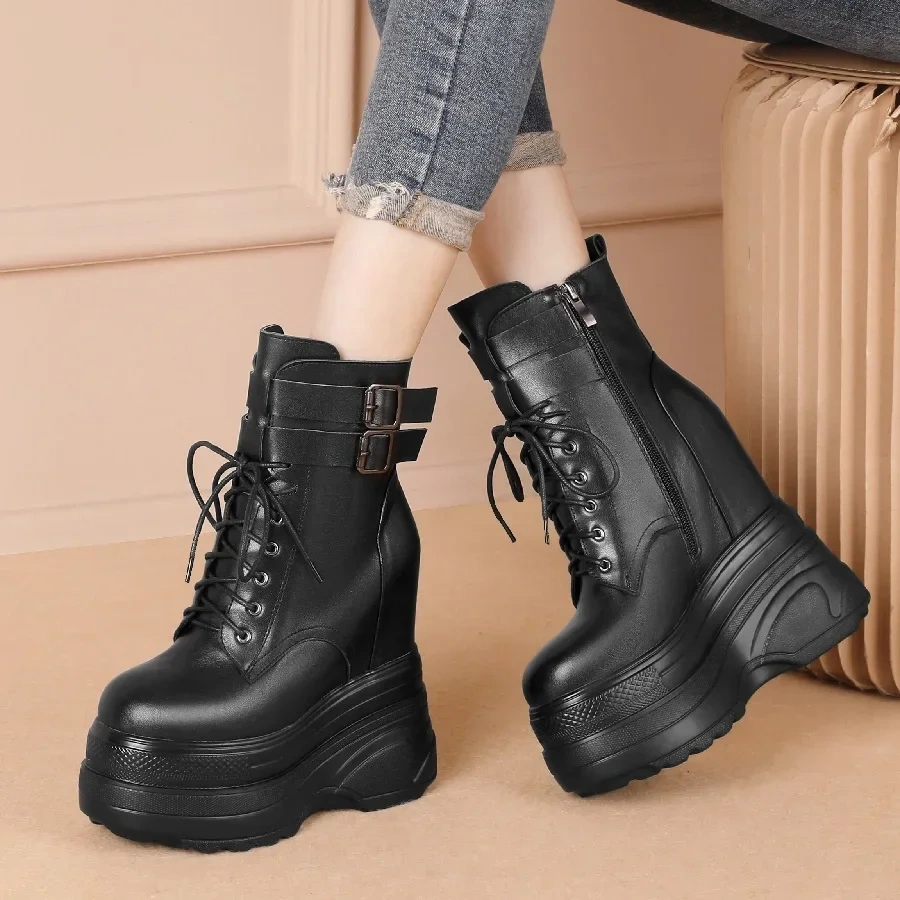 Spring Autumn New Slim 16CM Super High Heels Platform Belt Buckle Genuine Leather Women Mid-Calf Modern Boots Winter Plush 2306