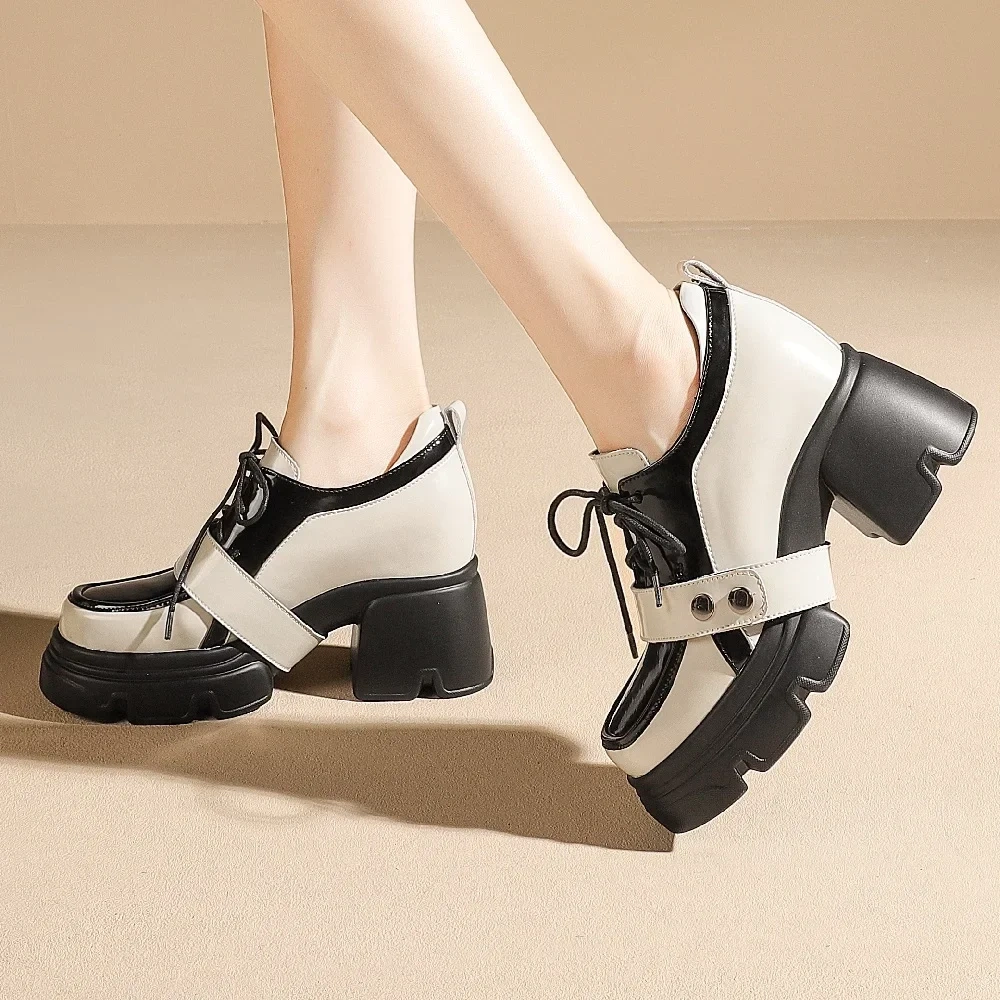 Spring Autumn New Slim Height Increasing Platform Mixed Colors Belt Buckle Lace-Up Genuine Leather Women Casual Shoes Sneakers