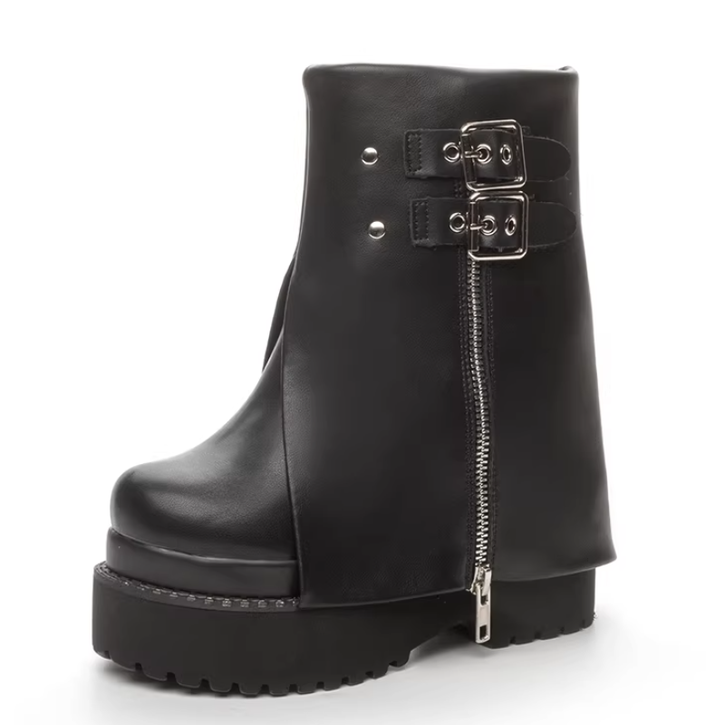 Winter New Punk Style 12 CM Height Increasing Platform Zipper Buckle Belt Plush Inside Slip On Genuine Leather Women Ankle Short Trouser Leg Boots 60126