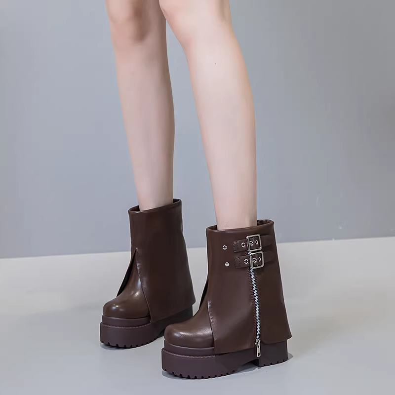 Winter New Punk Style 12 CM Height Increasing Platform Zipper Buckle Belt Plush Inside Slip On Genuine Leather Women Ankle Short Trouser Leg Boots 60126
