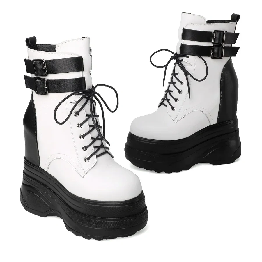 Spring Autumn New Slim 16CM Super High Heels Platform Belt Buckle Genuine Leather Women Mid-Calf Modern Boots Winter Plush 2306