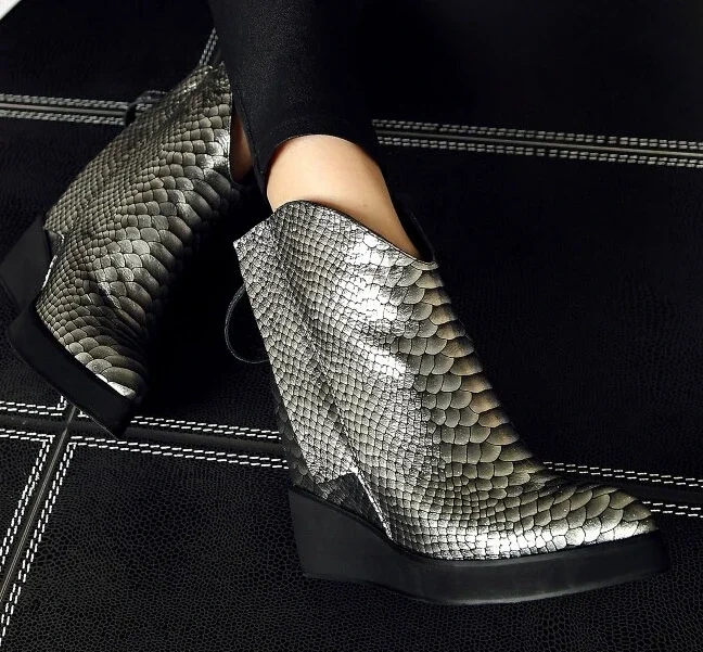 Autumn Winter Women Wedges Chunky Heel Genuine Leather Height Increase Elevator Pointed Toe Fashion Ankle Boots 34-39 SXQ0728