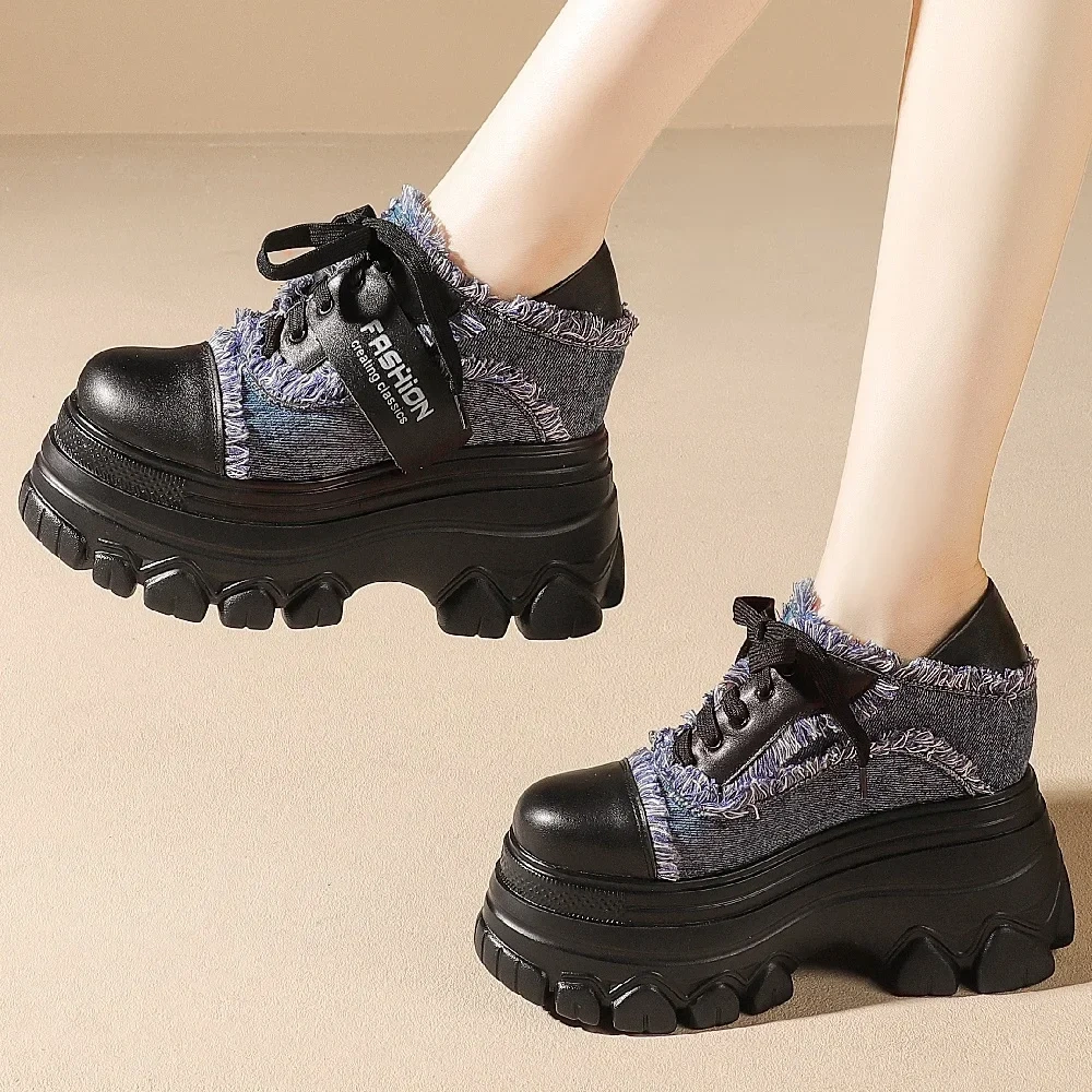 Spring Autumn Sexy Super High Heels Wedges Platform Cross-tied Tassel Genuine Leather Patchwork Denim Women Modern Pumps 2307