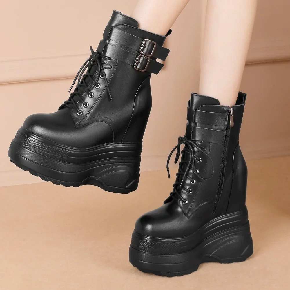Spring Autumn New Slim 16CM Super High Heels Platform Belt Buckle Genuine Leather Women Mid-Calf Modern Boots Winter Plush 2306