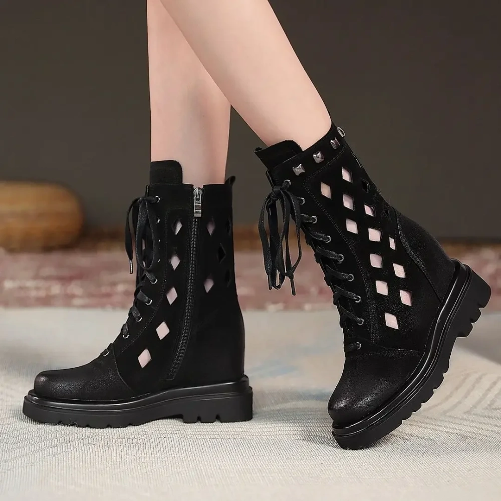 Summer New British Style Slim Height Increasing Platform Hollow Cross-tied Genuine Leather Women Mid-Calf Half Modern Boots 2305