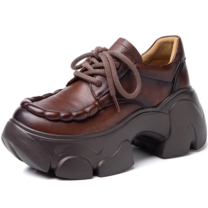 Spring Autumn New British Style Retro Chunky Bottom Platform Cross-tied Genuine Leather Women Casual Shoes Ladies Sneakers 2409