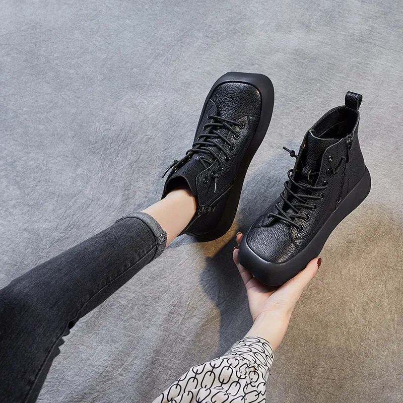 Spring Autumn New Retro Chunky Bottom Platform Square Toe Genuine Leather Women Ankle Short Motorcycle Boots Winter Plush 2401