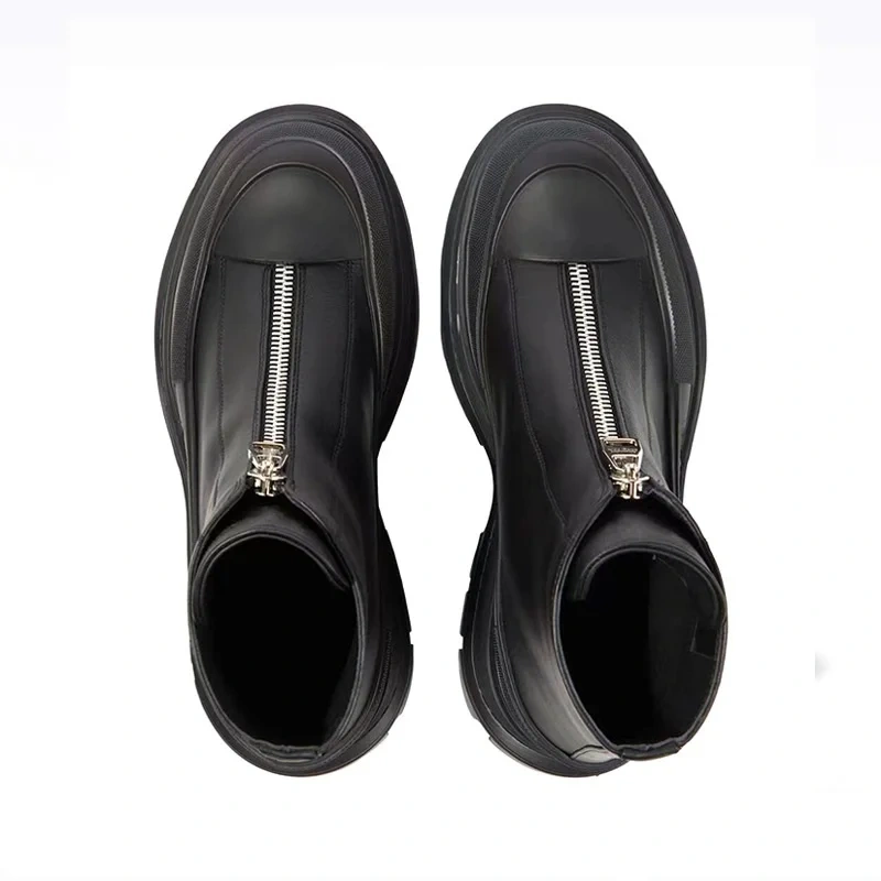 Spring Autumn New British Style Chunky Bottom Platform Zipper Black Genuine Leather Men Ankle Short Motorcycle Boots Sneakers