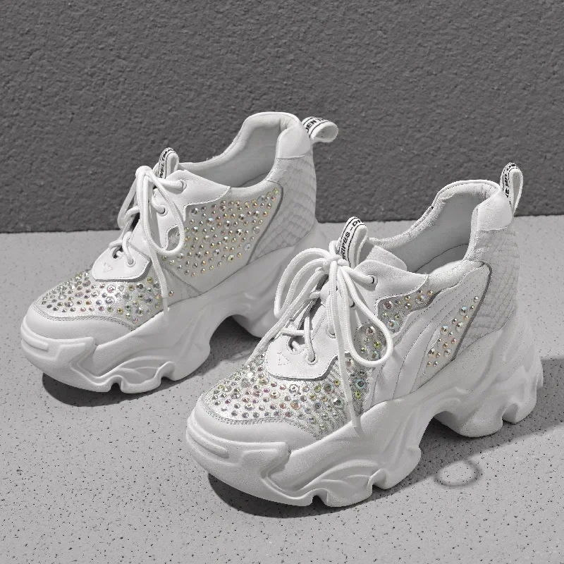 Spring Autumn New Korean Style Slim Height Increasing Platform Crystal Genuine Leather Lace-Up Women Casual Shoes Sneakers 2412