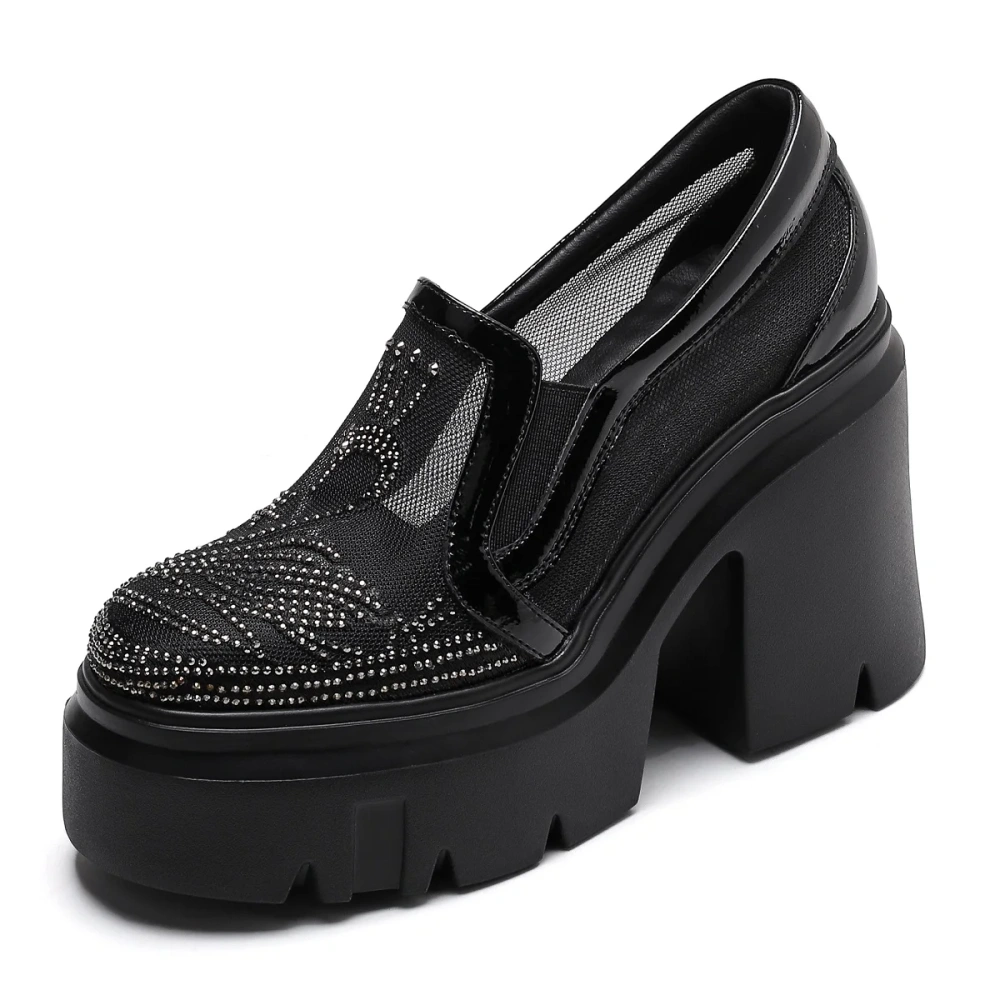 Women 12 CM Heels Platform Spring Summer New Shallow Mouth Shoes Crystal Mesh Hollow Out Real Leather Loafers Sandals 50221