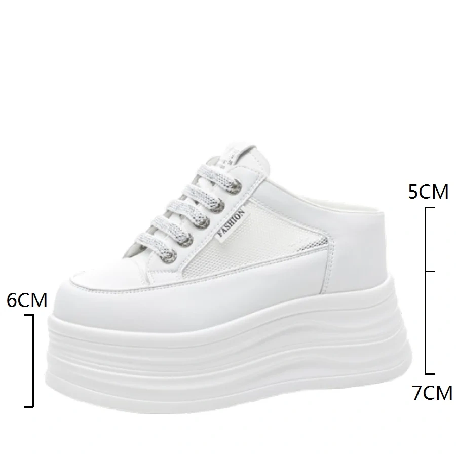 Women's Summer Fashion 12 CM Platform Genuine Split Leather & Mesh Sandals Rhinestones Lace-Up Open Back Slip-On Shoes 50522