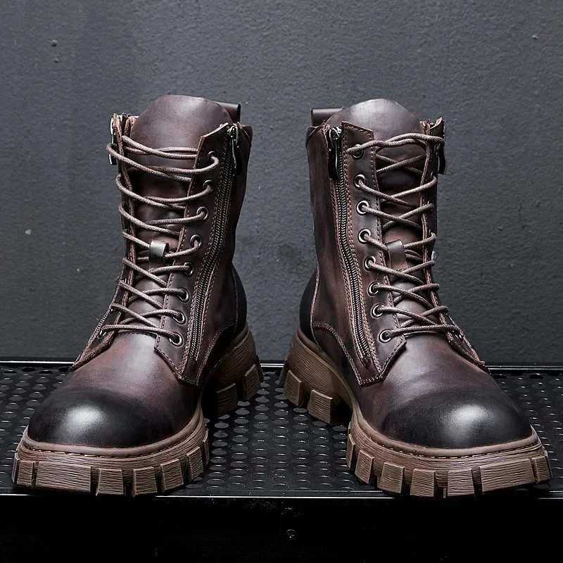 Spring Autumn New British Style Retro Chunky Bottom Cross-tied Genuine Leather Men Mid-Calf Half Motorcycle Boots Winter Plush