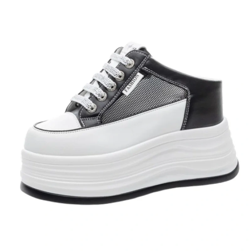 Women's Summer Fashion 12 CM Platform Genuine Split Leather & Mesh Sandals Rhinestones Lace-Up Open Back Slip-On Shoes 50522