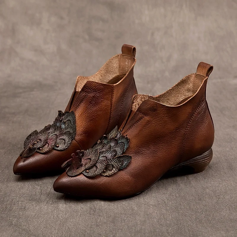 Spring Autumn New National Style Thick Heels Pointed Toe Peacock Slip-On Genuine Leather Women Ankle Short Motorcycle Boots 2505