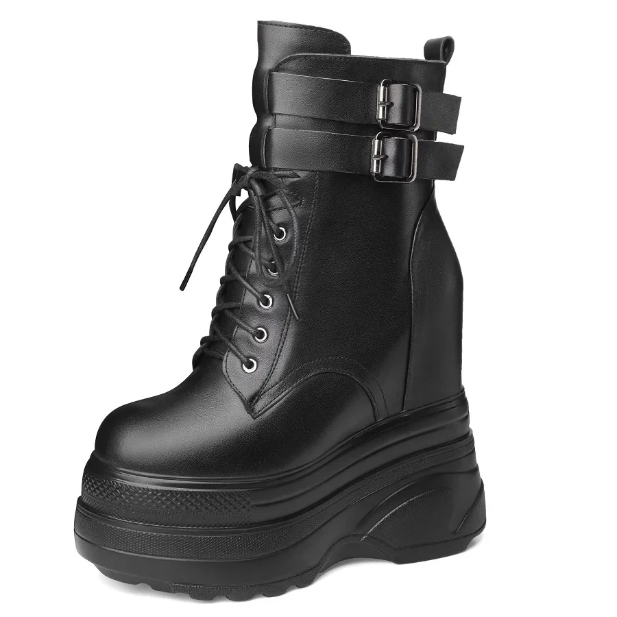Spring Autumn New Slim 16CM Super High Heels Platform Belt Buckle Genuine Leather Women Mid-Calf Modern Boots Winter Plush 2306