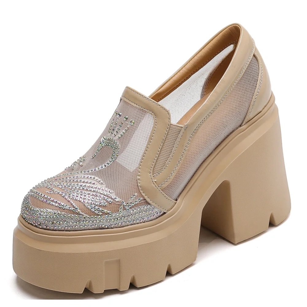 Women 12 CM Heels Platform Spring Summer New Shallow Mouth Shoes Crystal Mesh Hollow Out Real Leather Loafers Sandals 50221